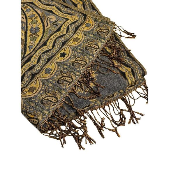 Gray and gold paisley print large scarf size 68 X 27 - Picture 8 of 10